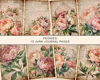 Kit de journal indésirable Pivoines roses : collage floral vintage (téléchargement numérique)