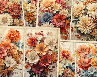 May include: Five printable pages featuring digital illustrations of autumn flowers in various shades of red, orange, yellow, and white. The flowers are arranged in bouquets and have a vintage aesthetic.