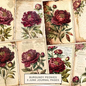 Pagine di Junk Journal con peonie bordeaux, kit per Junk Journal con peonie vintage, carta stampabile per Junk Journal, foglio di collage digitale, download immediato
