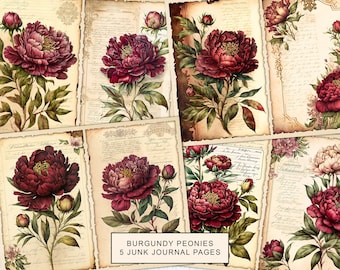 Burgundy Peonies Junk Journal Pages: Vintage Floral Ephemera (Digital Download)
