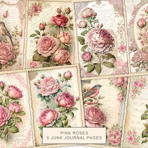 Pink Roses Junk Journal Pages, Vintage Roses Junk Journal Kit, Junk Journal Printable Paper, Digital Collage Sheet, Instant Download