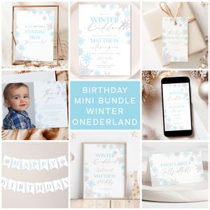 Winter Onederland Birthday invitation Bundle, Blue Silver Snowflakes 1st Birthday Decorations, Boy First Birthday Party Bundle I041
