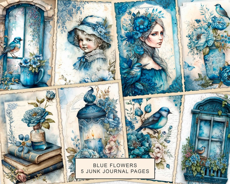 Blue Flowers Vintage Junk Journal Pages: Victorian Ephemera (digital ...