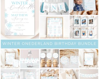 May include: Winter Wonderland birthday party printable bundle with blue and silver snowflake designs. Includes invitations, food labels, cupcake toppers, a banner, and more.