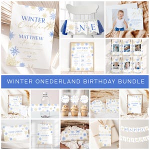 Winter Onederland Birthday Boy Decorations Bundle, Blue Gold Winter Wonderland 1st Birthday Invitation, Boy 1st Birthday Party Bundle I039