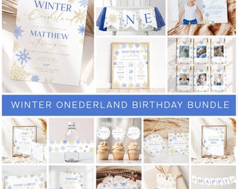 May include: Winter Wonderland birthday party printable bundle with blue and gold snowflakes. Includes invitations, food labels, water bottle labels, cupcake toppers, a banner, and more. The text on the invitation says "Winter Wonderland, Our Little Snowflakes, Matthew is turning one".