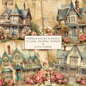 Papier do dziennika French House and Pink Roses Junk, zestaw Vintage Junk Journal, zestaw Cottage Junk Journal Digi, arkusz do druku cyfrowego kolażu