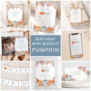 パンプキン1歳の誕生日招待状セット：編集可能なテンプレート（デジタルファイル）