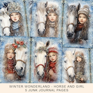 Pages imprimables du Journal de la camelote hivernale, kit de journal de la camelote Winter Wonderland Horse Girl, papier de scrapbooking, pages de journalisme, feuille de collage numérique