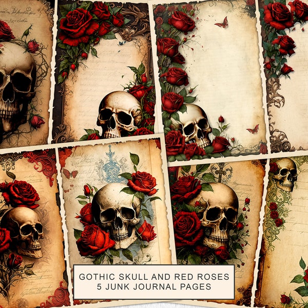 Gothic Skull with Red Roses Junk Journal Pages, Vintage Gothic Skull Junk Journal Kit, Junk Journal Paper, Digital Collage Sheet