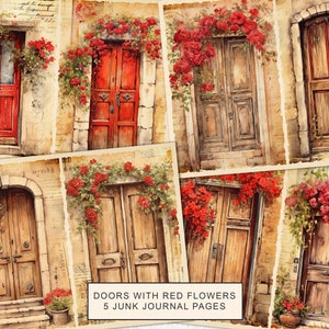 Portas de madeira com flores vermelhas, kit de diário de lixo, páginas de diário, papel para impressão de diário de lixo de portas, folha de colagem digital, download instantâneo