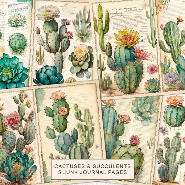 Cactus Junk Journal Kit, Watercolor Cactus Succulent Journal Pages, Junk Journal Printable Paper, Digital Collage Sheet, Instant Download