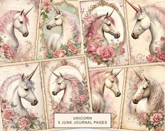 Unicorn Junk Journal Pages, Vintage Unicorn Junk Journal Kit, Junk Journal Printable Paper, Digital Collage Sheet, Instant Download