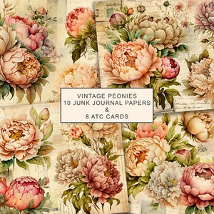 Peony Junk Journal Paper, Vintage Peonies Junk Journal Kit, Flowers Junk Journal Digi Kit, Printable Digital Collage Sheet