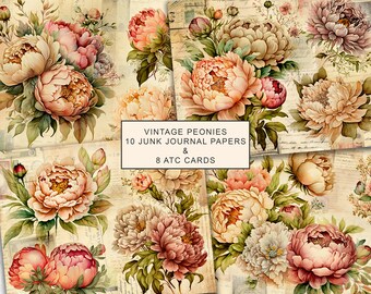 Vintage Peonies Junk Journal Kit: Printable Collage Paper (Digital Download)