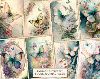 Fantasy Butterfly Junk Journal Kit Watercolor Butterfly Journal Pages, Junk Journal Printable Paper, Digital Collage Sheet, Instant Download