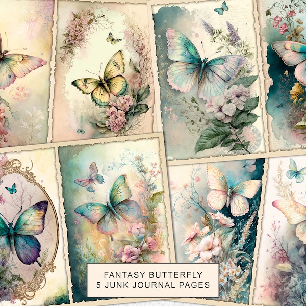 Fantasy Butterfly Junk Journal Kit Watercolor Butterfly Journal Pages, Junk Journal Printable Paper, Digital Collage Sheet, Instant Download