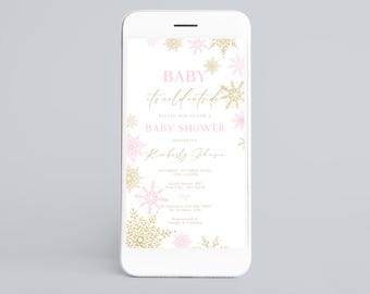 Winter Snowflake Baby Shower Invitation: Pink & Gold Electronic Invite (Digital)