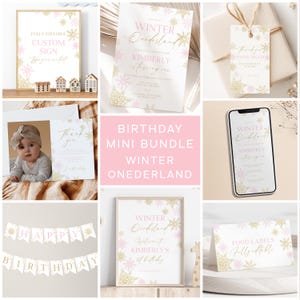 Winter Onederland Birthday invitation Bundle, Pink Gold Snowflakes 1st Birthday Decorations, Girl First Birthday Party Bundle I024