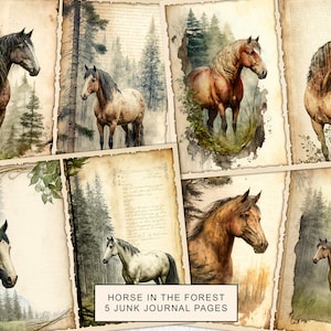 Kit diario di scarto con cavallo acquerello nella foresta Pagine di diario, carta stampabile per diario di scarto con cavalli, foglio di collage digitale, download immediato