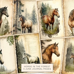 Watercolor Horse in the Forest Junk Journal Kit Journal Pages, Horses Junk Journal Printable Paper, Digital Collage Sheet, Instant Download