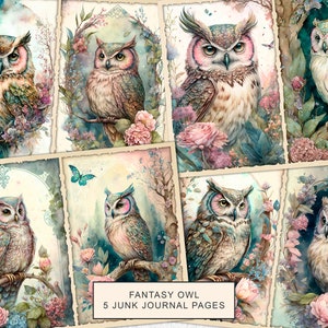 Fantasy Eule Junk Journal Kit Aquarell Eule Journal Seiten, Eule Junk Journal druckbares Papier, digitale Collage Blatt, sofortiger Download
