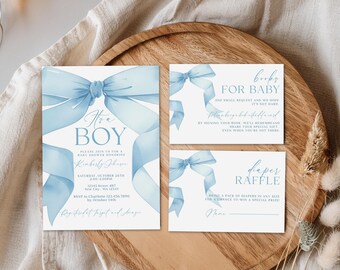 Blue Bow Baby Shower Invitation Set Template (Digital Download)