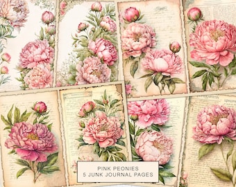 Pages de journal indésirable pivoines roses, kit de journal indésirable pivoine vintage, journal indésirable papier imprimable, feuille de collage numérique, téléchargement immédiat