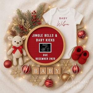 Kerst zwangerschap aankondiging canvas sjabloon digitale baby onthullen jingle bells en baby kicks vakantie baby teken voor sociale media