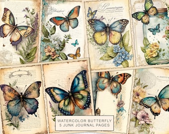Watercolor Butterfly Junk Journal Pages, Vintage Butterfly Junk Journal Kit, Junk Journal Paper, Digital Collage Sheet, Instant Download