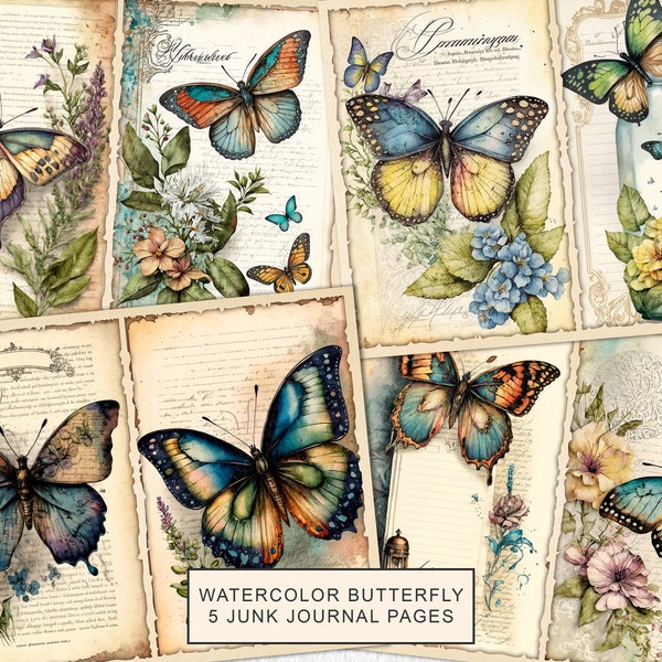 Watercolor Butterfly Junk Journal Pages, Vintage Butterfly Junk Journal Kit, Junk Journal Paper, Digital Collage Sheet, Instant Download