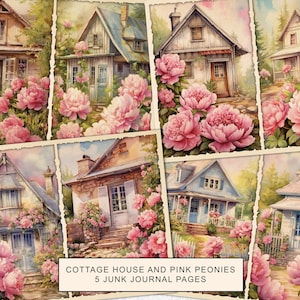 Vintage Cottage House Pink Peonies Junk Journal Pages, Zestaw Flower Junk Journal, Papier Junk Journal, Arkusz kolażu cyfrowego, Natychmiastowe pobieranie