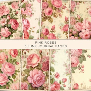 Pink Roses Junk Journal Pages, Vintage Roses Junk Journal Kit, Junk Journal Printable Paper, Digital Collage Sheet, Instant Download