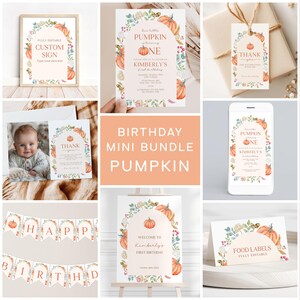パンプキン1歳の誕生日招待状セット：編集可能なテンプレート（デジタルファイル）