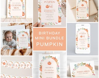 May include: A printable set of fall-themed birthday party decorations featuring a pumpkin and floral design. The set includes a welcome sign, a banner, food labels, a thank you card, and an invitation. The text on the invitation reads "Our little pumpkin is turning one. Please join us as we celebrate Kimberly's first birthday."
