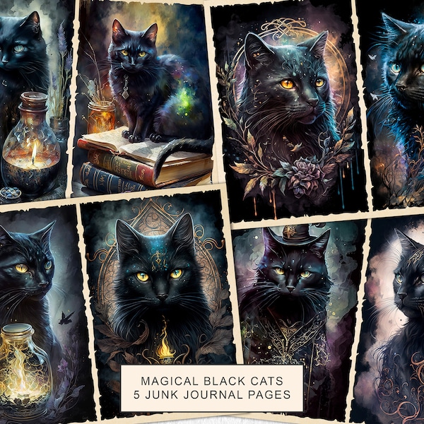 Magical Black Cat Junk Journal Kit Witchcraft Journal Pages, Wizardry Junk Journal Printable Paper, Digital Collage Sheet, Instant Download