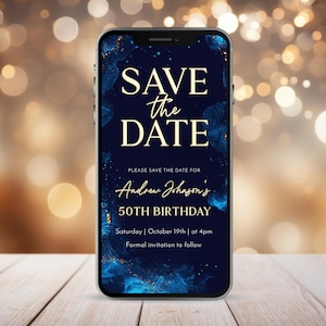 Convite para salvar a data, convite para celular azul marinho dourado para aniversário, mensagem de texto por telefone Evite para homens e mulheres, modelo editável, qualquer evento A010