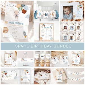 Space Birthday Invitation Bundle, First Trip Around the Sun Birthday Invitation Astronaut Boy 1st Birthday, First Birthday Decorations I007