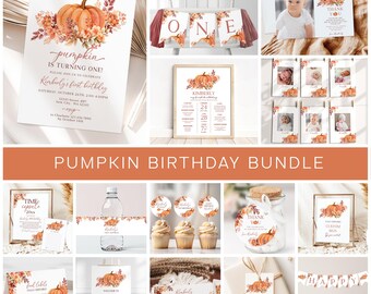 May include: A printable pumpkin birthday party bundle with a watercolor pumpkin theme. The bundle includes invitations, thank you cards, food labels, cupcake toppers, a welcome sign, a banner, and a time capsule. The text on the invitation reads "Our little pumpkin is turning one!"