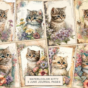 Page imprimable de journal indésirable aquarelle chaton, kit de journal indésirable chat avec fleurs, feuille de collage numérique papier journal indésirable, téléchargement immédiat