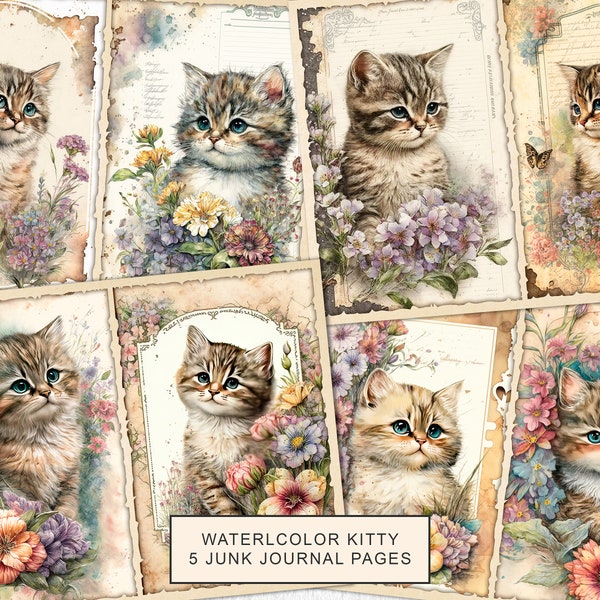 Watercolor Kitten Junk Journal Printable Page, Cat With Flowers Junk Journal Kit, Junk Journal Paper Digital Collage Sheet, Instant Download