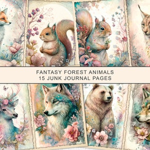 Fantasy Forest Animals Junk Journal Kit Watercolor Bear Fox Wolf Squirrel Journal Pages, Junk Journal Printable Paper, Digital Collage Sheet