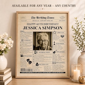 Puede incluir: Un póster enmarcado estilo periódico titulado The Birthday Times, fechado el 16 de enero de 1941, con un retrato en blanco y negro de una persona mayor con gafas, hechos históricos, destacados deportivos y el texto Happy 85th Birthday Jessica Simpson.