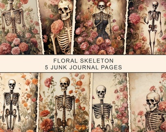 Floral Skeleton Junk Journal Pages: Halloween Goth Printable (Digital Collage Sheet)