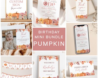 May include: A printable pumpkin-themed birthday party mini bundle with editable elements. The bundle includes a welcome sign, food labels, a banner, a thank you card, an invitation, and a phone background. The design features a watercolor pumpkin, flowers, and leaves in shades of orange, pink, and green.