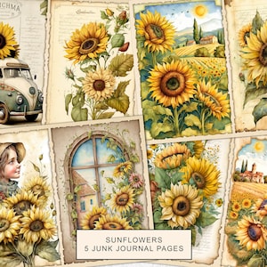 Sunflowers Junk Journal Pages, Vintage Sunflowers Junk Journal Kit, Junk Journal Printable Paper, Digital Collage Sheet, Instant Download