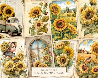 Sunflowers Junk Journal Pages, Vintage Sunflowers Junk Journal Kit, Junk Journal Printable Paper, Digital Collage Sheet, Instant Download
