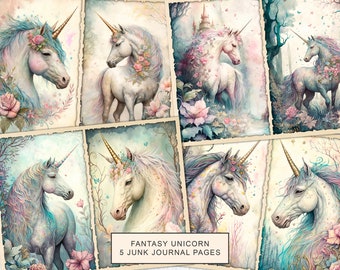 May include: Five digital printable pages featuring fantasy unicorn illustrations. Each page features a white unicorn with a pink flower crown and a blue and pink background. The text "Fantasy Unicorn 5 Junk Journal Pages" is at the bottom of the image.