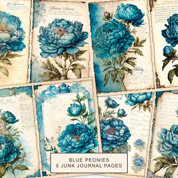 Blue Peonies Junk Journal Pages, Vintage Blue Peony Junk Journal Kit, Junk Journal Printable Paper, Digital Collage Sheet, Instant Download