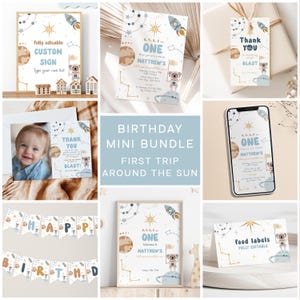 First Trip Around the Sun Birthday Invitation Bundle, Space Birthday Invitation Astronaut Boy 1st Birthday, First Birthday Decorations  I001
